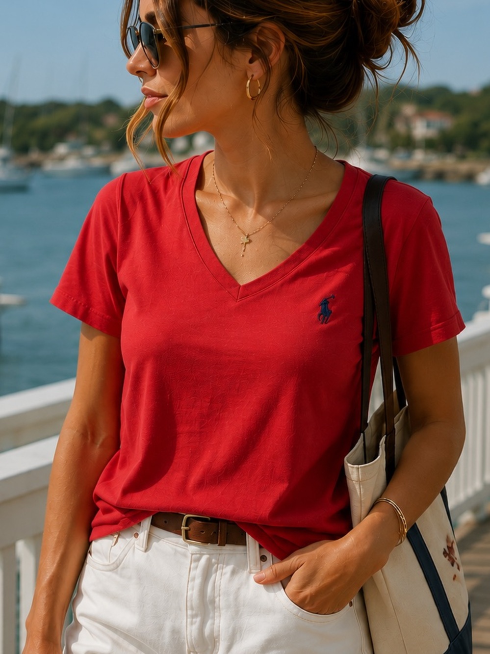 Polo Ralph Lauren Sport Women’s Red V Neck Tee Navy Pony 100% Cotton Sz XL